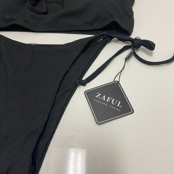 ZAFUL Ribbed Ruffle Keyhole Tie Side Bikini Swimwear - Black M - Picture 5 of 7